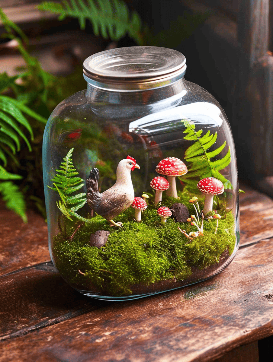 Inside a clear glass jar, a miniature scene unfolds with vibrant moss, a lifelike figurine of a chicken, and delicate red-capped mushrooms creating a whimsical terrarium display ar 3:4