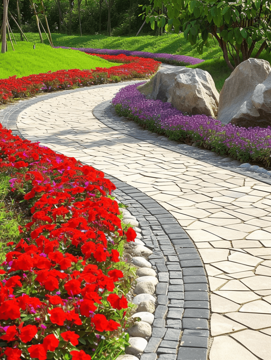 A smooth sandstone deck path curves elegantly, bordered by a river rock edge and vibrant flower beds of red and purple blooms. --ar 3:4
