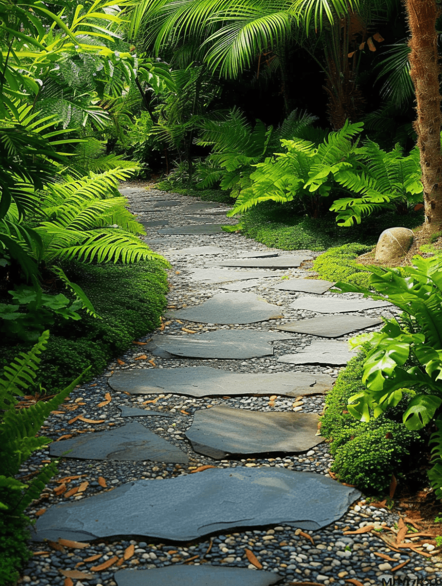Large flat stones interspersed with pebble inlays, flanked by lush ferns and small shrubs. Dappled sunlight filters through. --ar 3:4