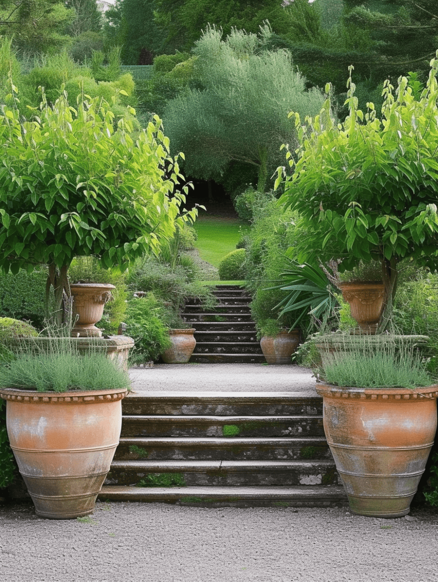 Large terracotta pots with fig trees, flanking an aged stone stairway. Gravel deck path leading to a lush green backdrop. --ar 3:4