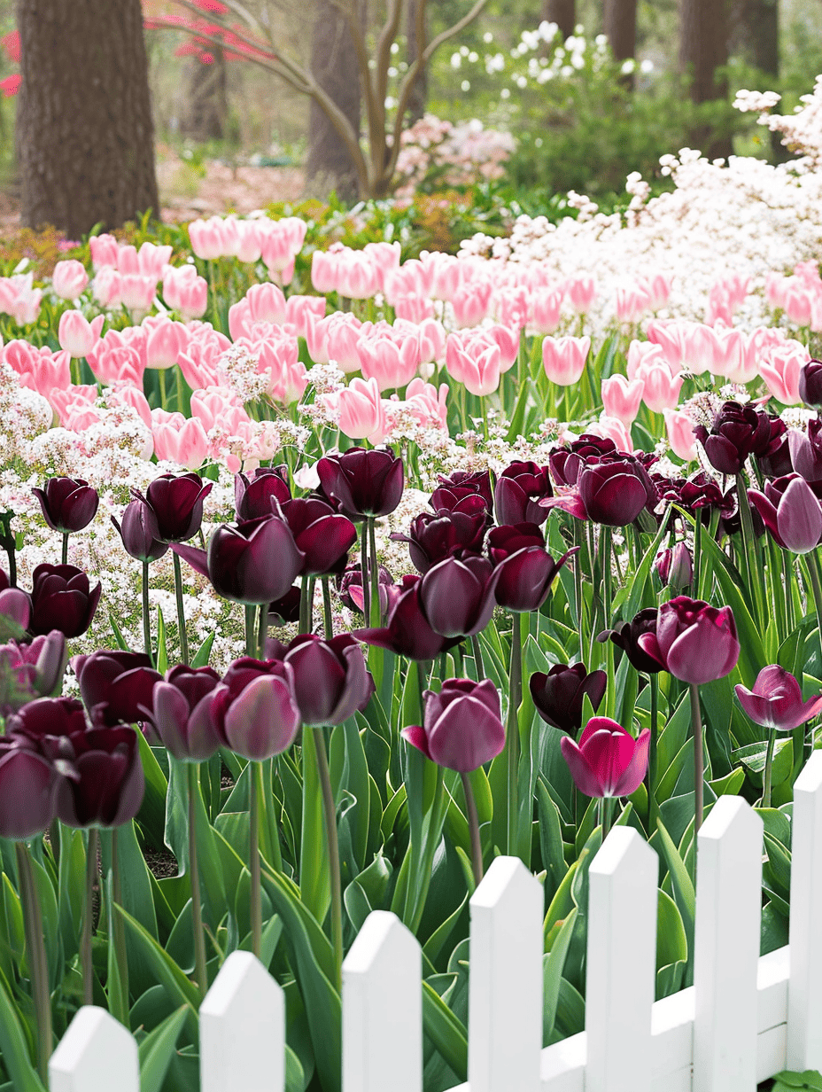 Layers of deep purple and soft pink tulips create a rich tapestry of color, segmented by a quaint white picket fence in a verdant garden ar 3:4