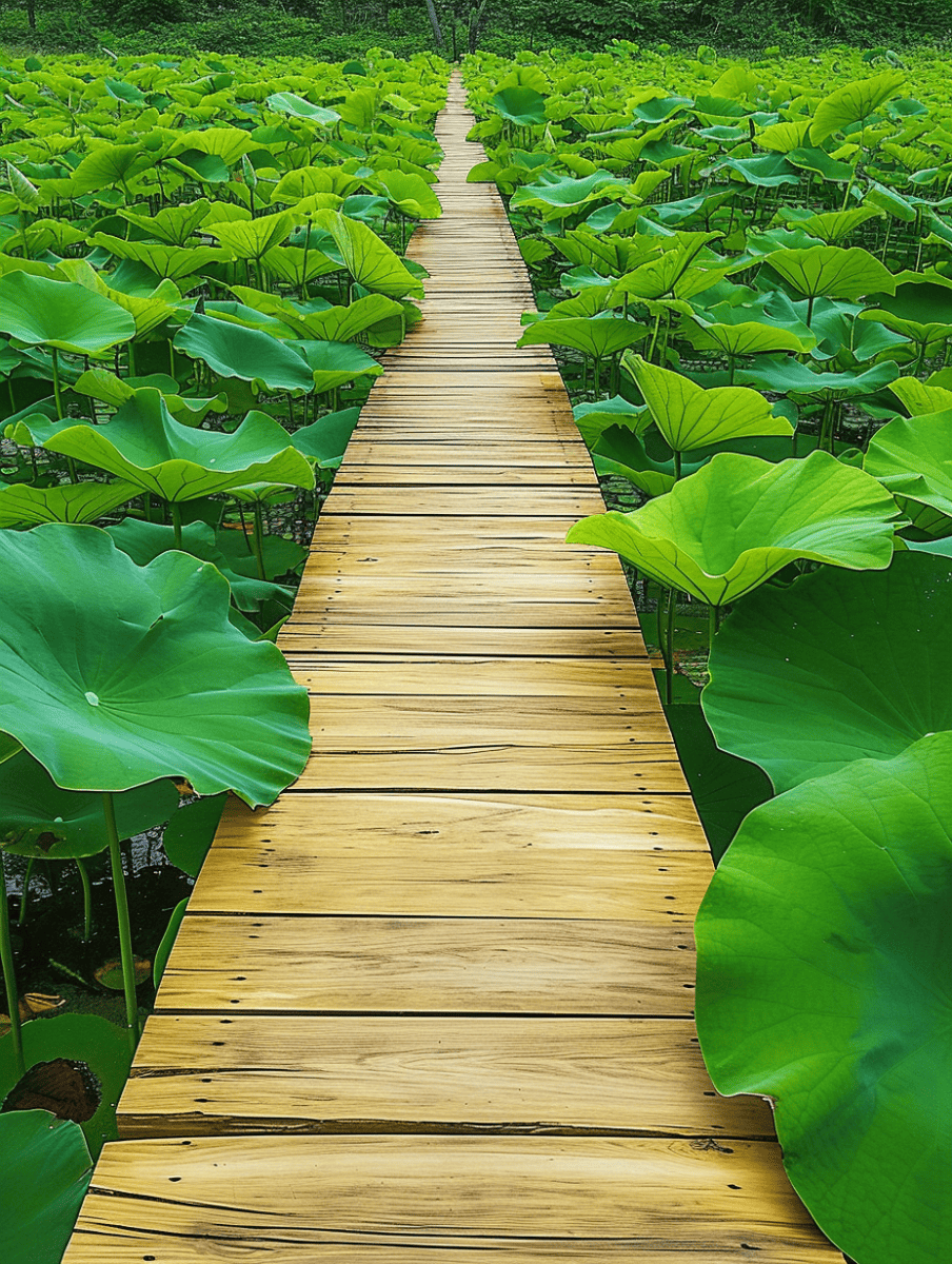 A narrow wooden walkway cuts through a sea of green lotus leaves. --ar 3:4