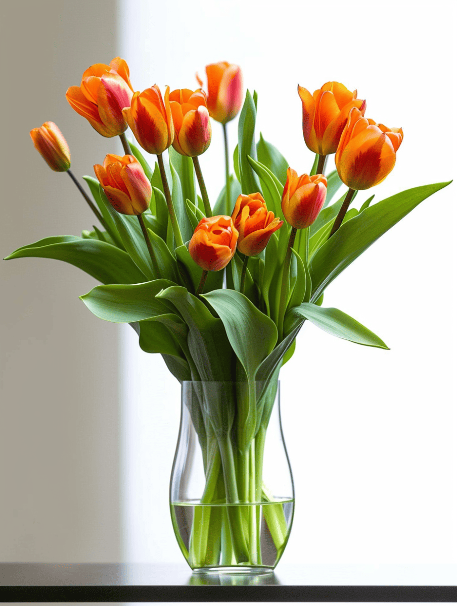 Luminous orange and red tulips with vibrant green leaves arranged in a slender clear glass vase placed on a dark surface near a window ar 3:4