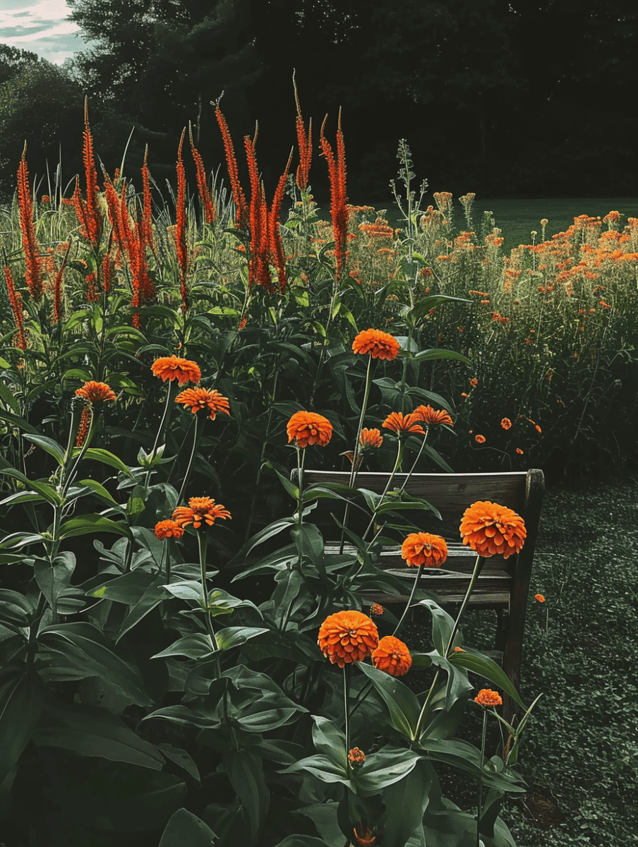 Lush green foliage is punctuated by the rich orange of marigolds and tall, slender red spires of flowers, with a wooden bench subtly nestled among them, inviting contemplation ar 3:4