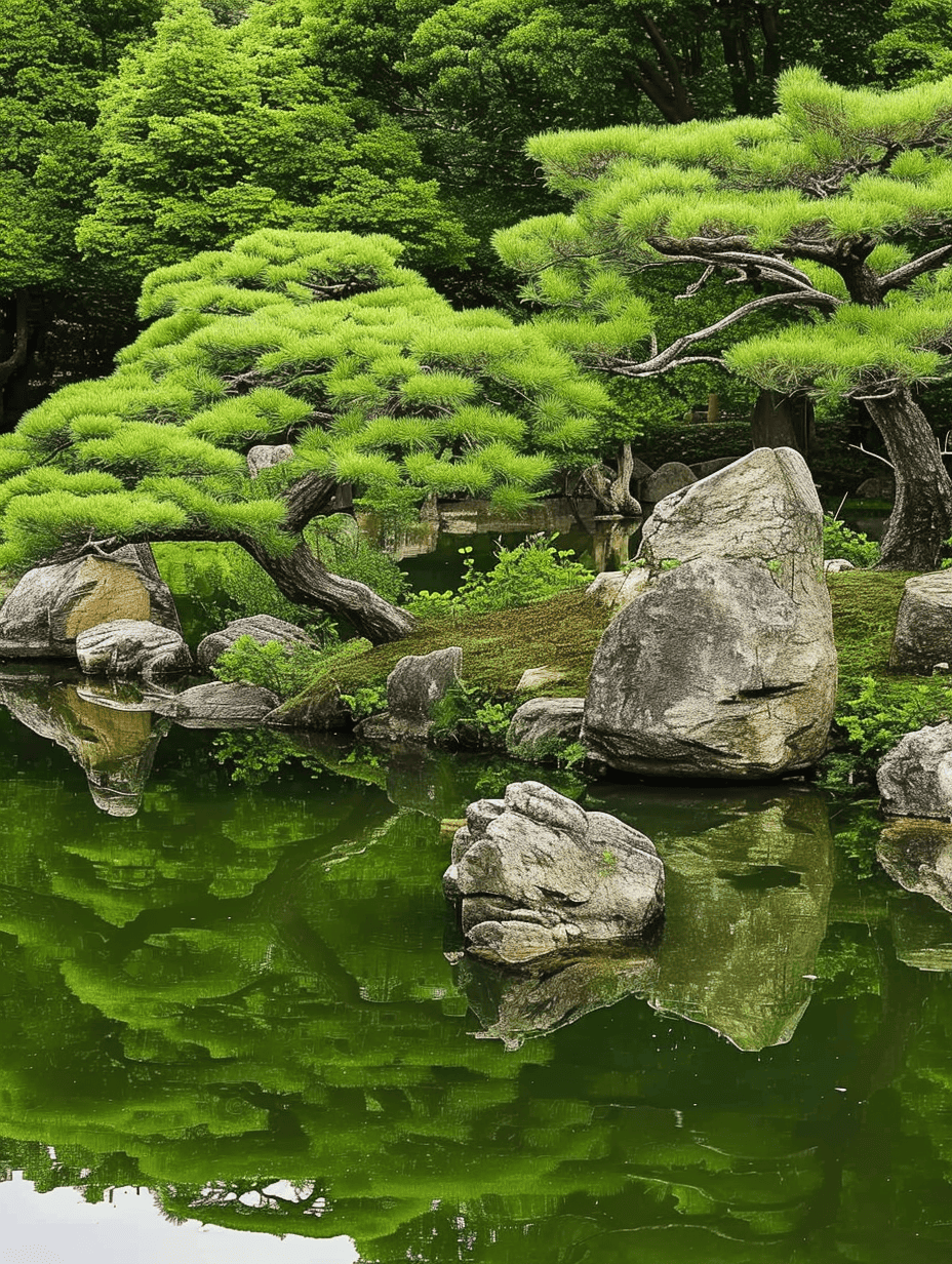 Lush green trees with distinctive, cloud-like canopies reflect in the still waters of a pond, alongside large, moss-covered rocks within a tranquil Zen garden setting ar 3:4