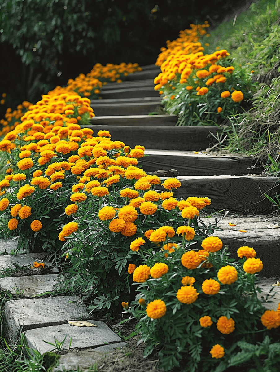Lush marigolds with vivid orange blooms line the edges of a rustic stairway, leading upwards and blending harmoniously with the surrounding greenery ar 3:4