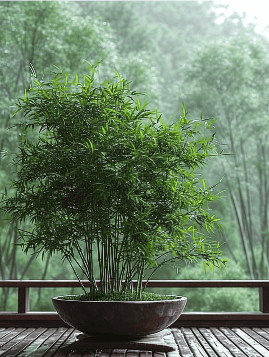 Lush potted bamboo thrives within a large bowl-shaped planter, set on a wooden deck against the soft-focus backdrop of a dense bamboo forest ar 3:4