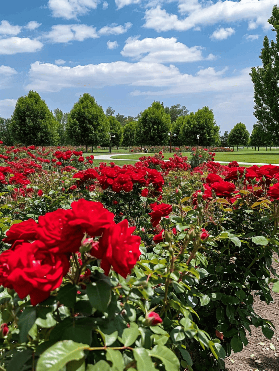 Lush red roses in full bloom dominate the foreground in a sunlit park, with neatly trimmed trees and a blue sky with wispy clouds above ar 3:4