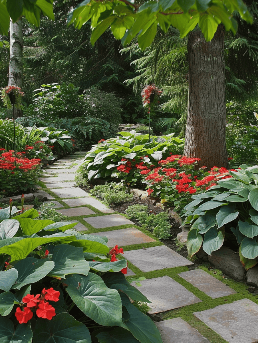 Manicured garden path with symmetrical square pavers and vibrant red begonias against lush hostas. --ar 3:4