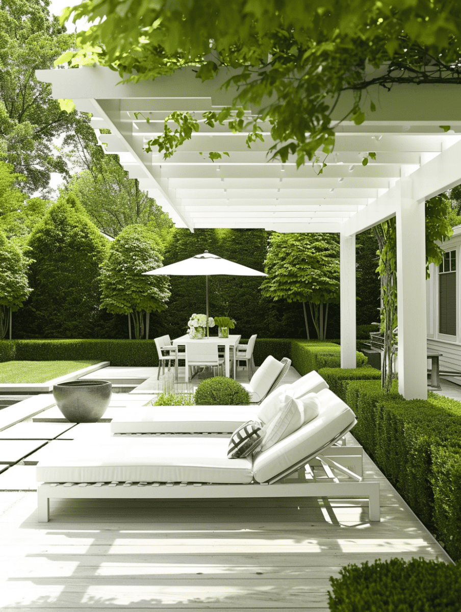 Modern white outdoor loungers and a dining set are elegantly arranged on a patio, with a structured garden and a crisp white pergola overhead, creating a luxurious and serene outdoor living space ar 3:4