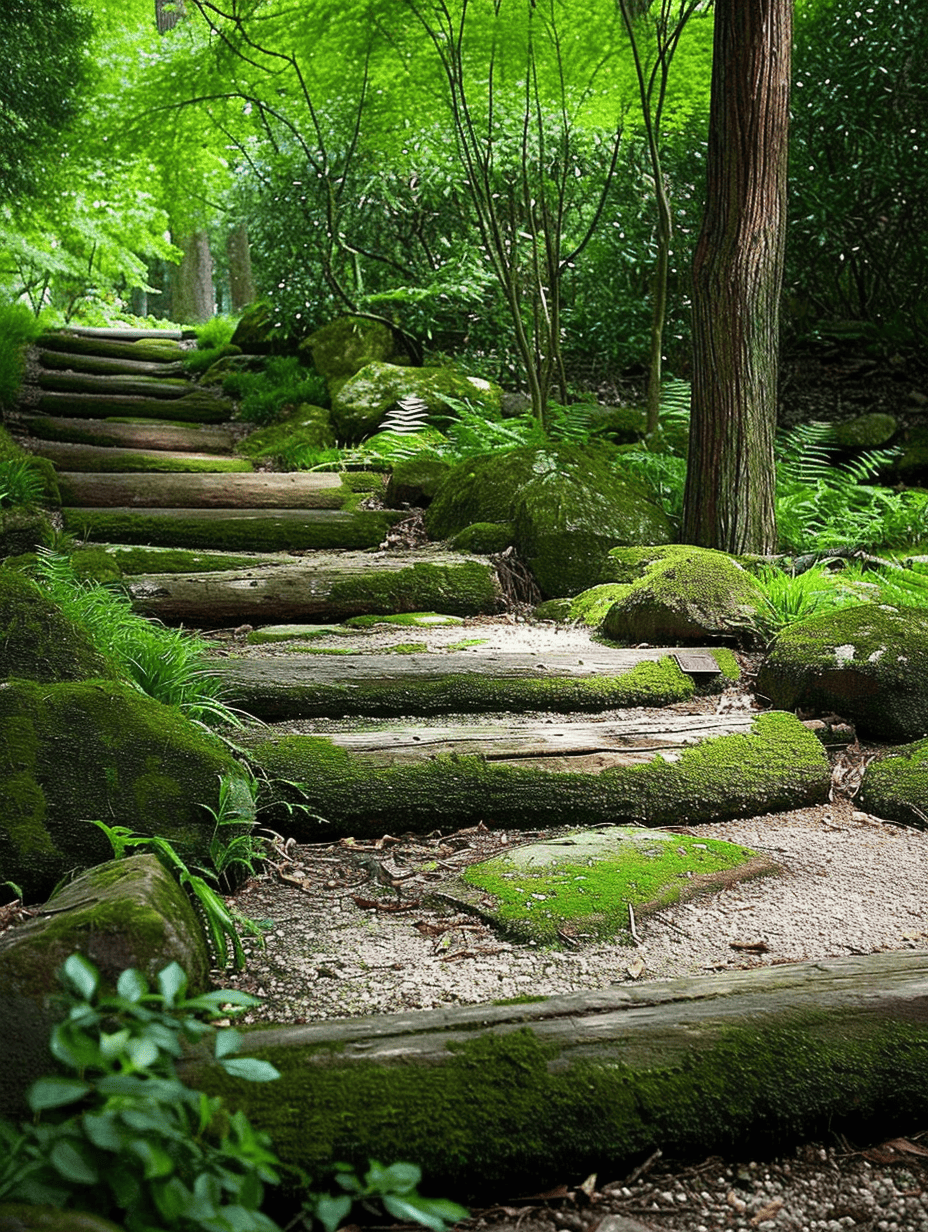 Moss-covered steps meander through a verdant forest, inviting a sense of mystery and tranquility in a lush garden setting, illuminated by the soft light filtering through the canopy above ar 3:4