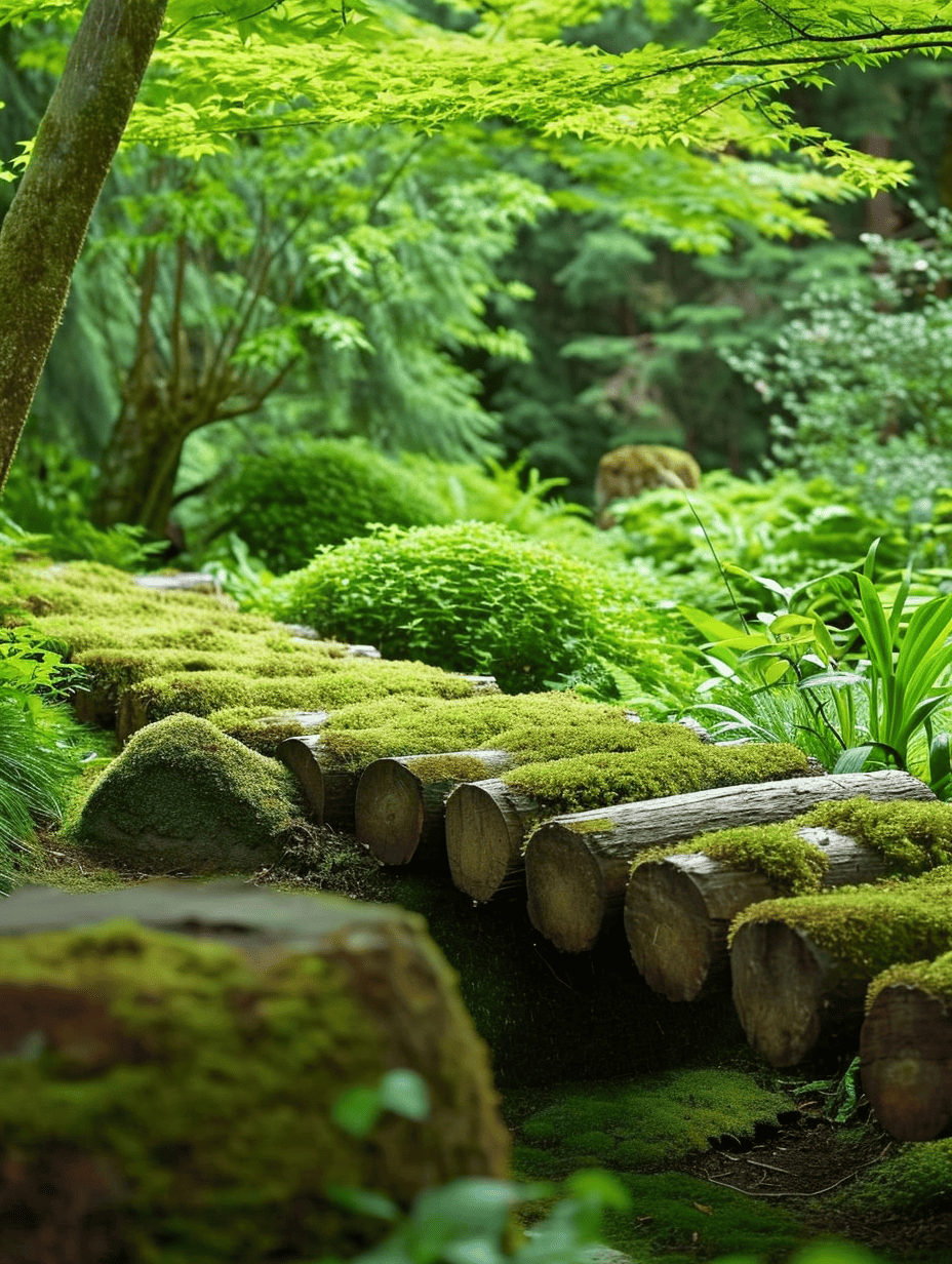Moss-laden logs create a natural path in a lush Zen garden, nestled under the delicate green canopy of feathery maple leaves, invoking a sense of tranquil seclusion ar 3:4