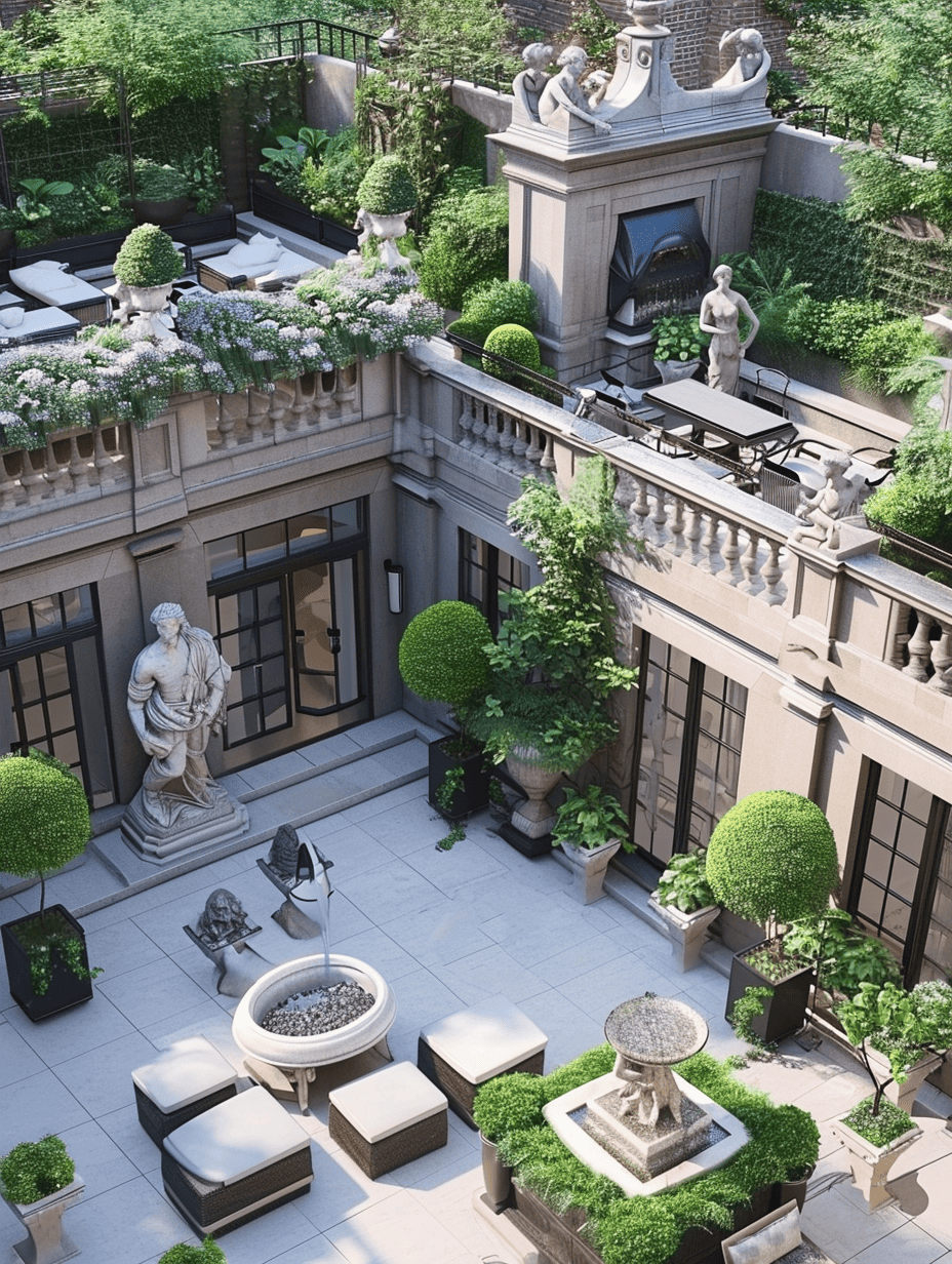 a multi-tiered rooftop garden rich with potted plants, statues, and fountains, creating a layered aesthetic