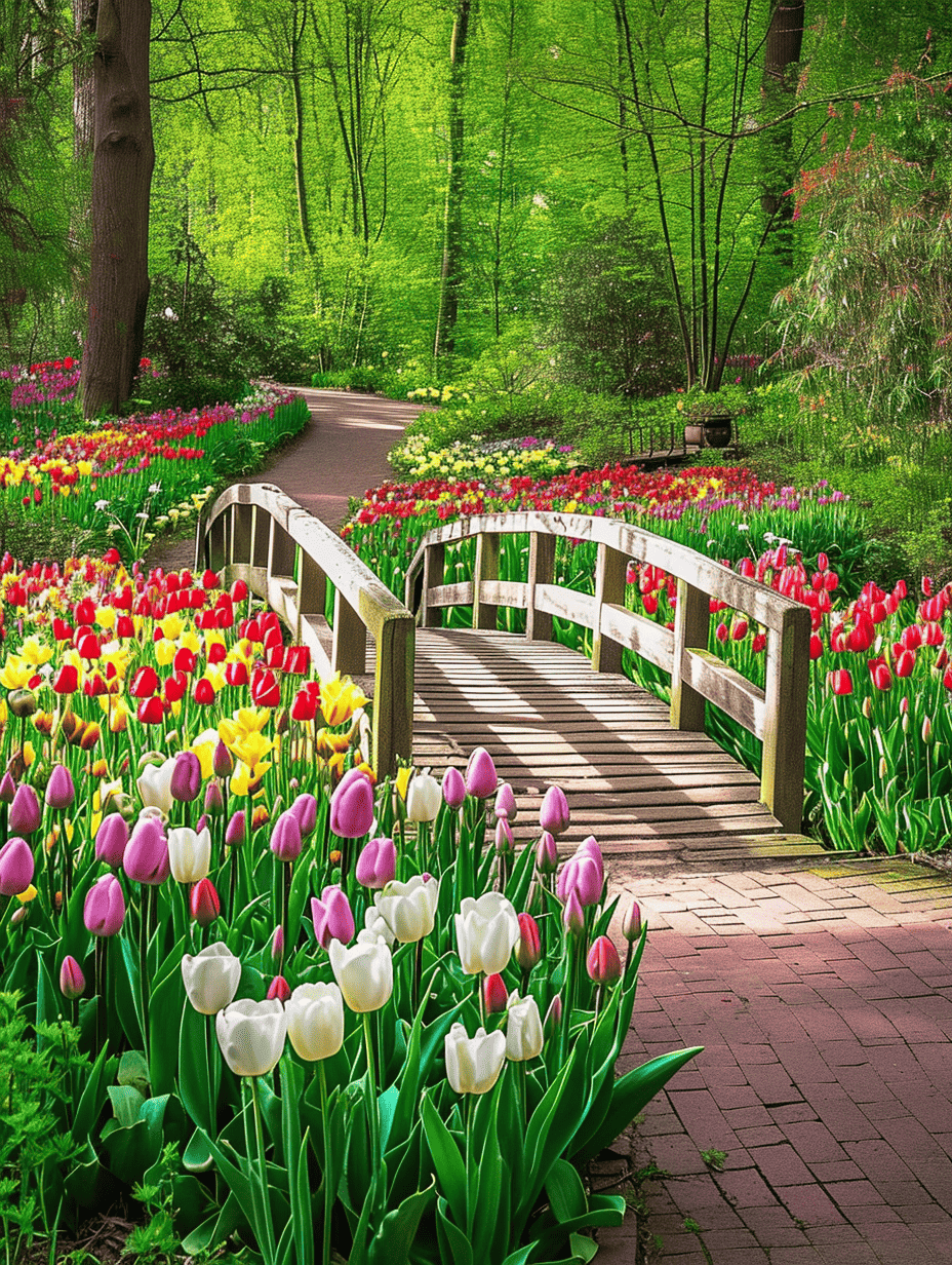 Multicolored tulips border a winding garden path that leads to a quaint wooden bridge, inviting a peaceful stroll in a lush green setting ar 3:4