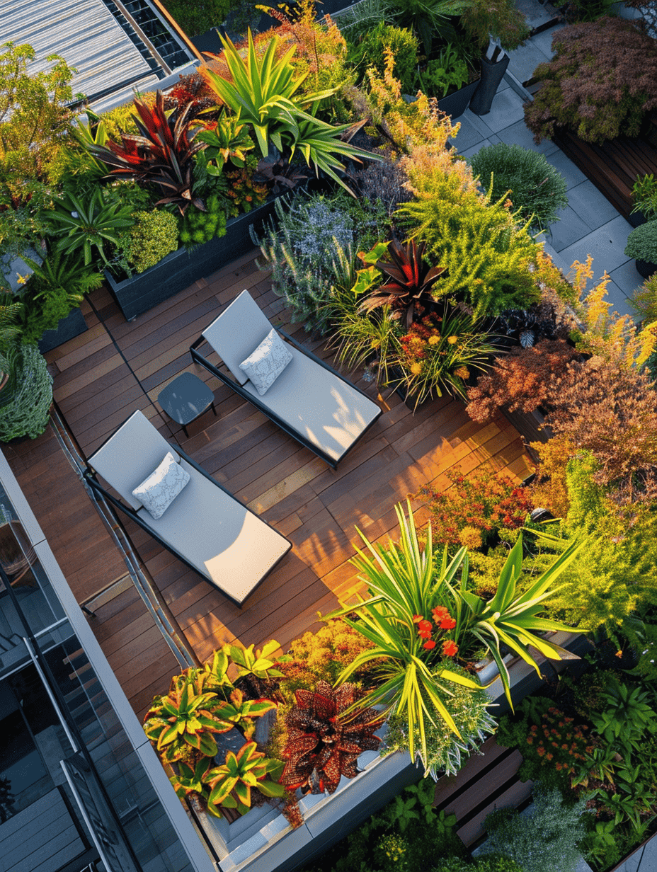 a rooftop garden with a rich tapestry of plants creating a colorful, textured oasis, complete with a wooden deck for lounge chairs to enjoy the space