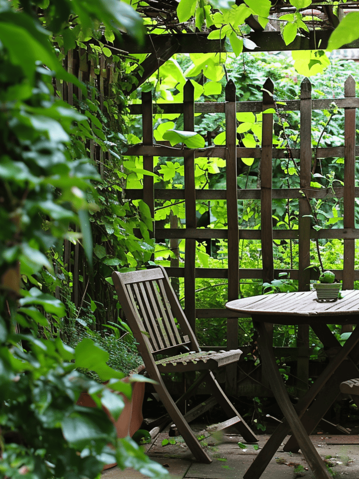 Nestled in a verdant nook, a solitary wooden chair and table sit invitingly by a lattice fence overgrown with fresh greenery, creating a private and peaceful garden retreat ar 3:4