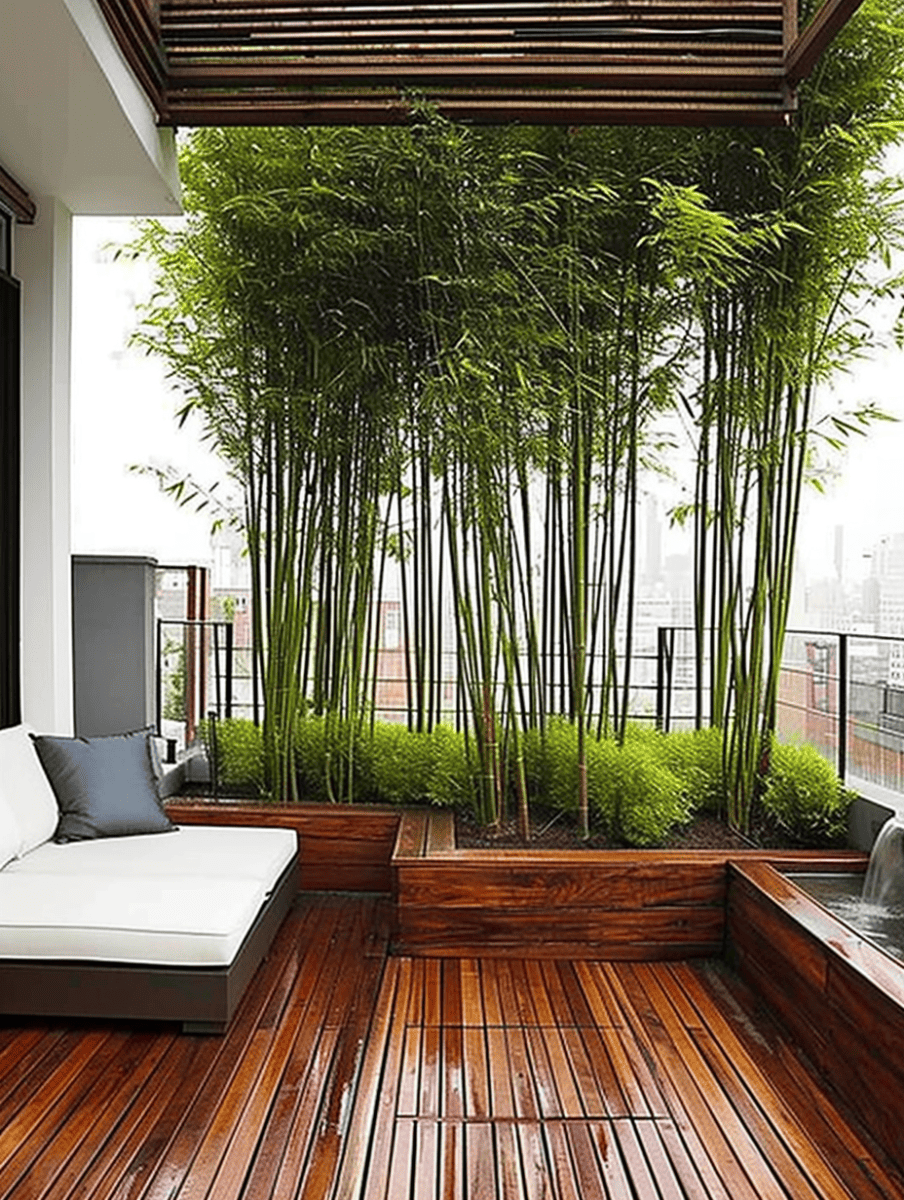 Nestled within a raised wooden planter on a polished hardwood deck, a lush bamboo grove thrives, bringing a touch of greenery to this urban outdoor lounge area ar 3:4