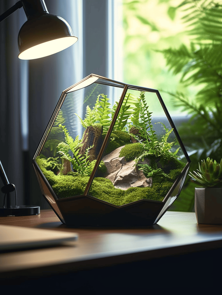On a wooden desk, a geometric glass terrarium with metallic edges houses an intricate arrangement of moss, ferns, and stones, warmly lit by a desk lamp and complemented by a nearby window and plant ar 3:4