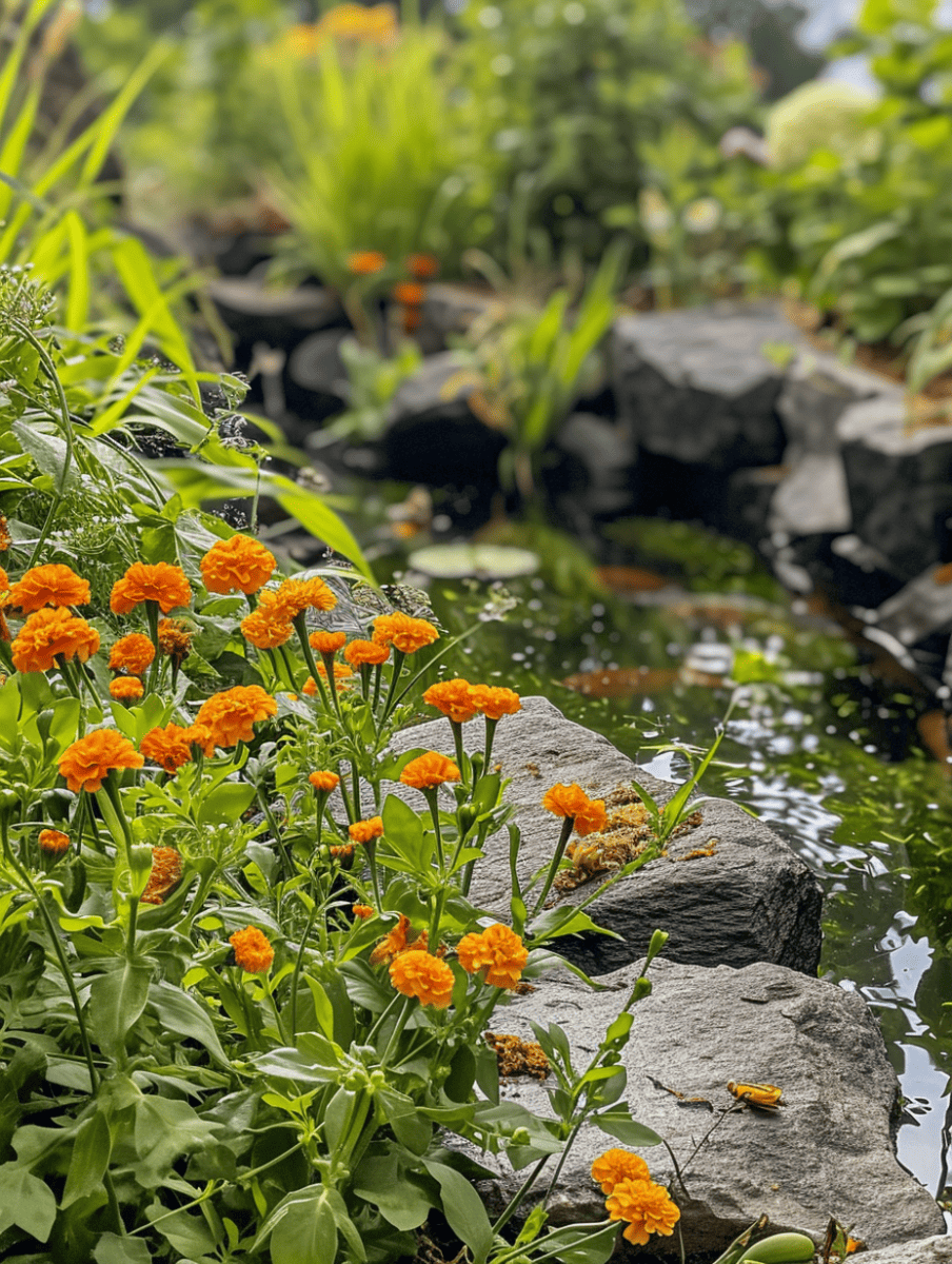 Orange marigolds bloom vibrantly against the serene backdrop of a pond, with large stones partially submerged in the water, surrounded by lush greenery ar 3:4