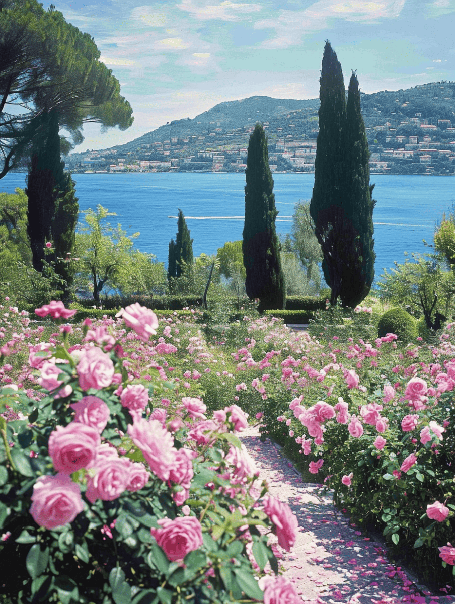 Overlooking a serene body of water, a lush rose garden bursts with shades of pink blooms, while tall cypress trees punctuate the landscape against a backdrop of a hillside town ar 3: