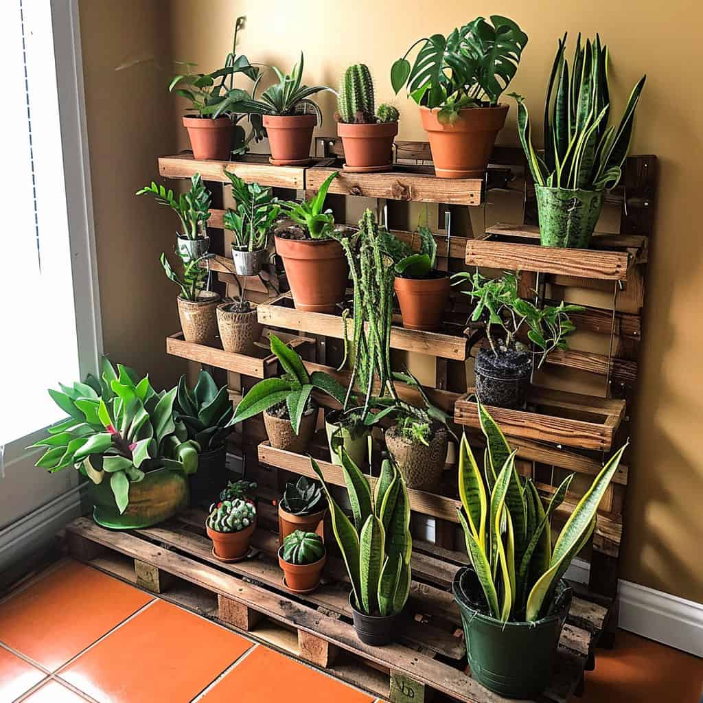 Wooden plant stands with succulents and other plants