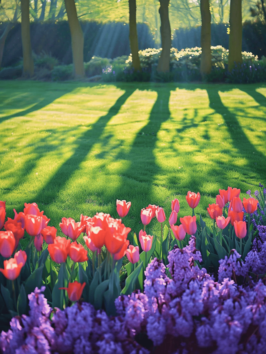 Pastel-colored tulips bask in the soft sunlight, casting long shadows on the neatly trimmed lawn, with a backdrop of tranquil purple flowers and serene trees ar 3:4