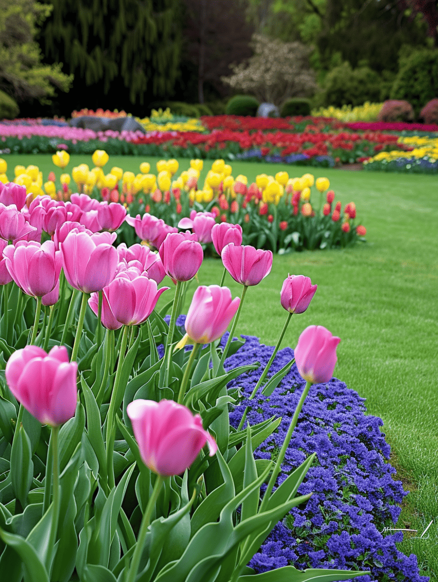 Patches of tulips in shades of pink, yellow, and red create a colorful mosaic against the lush green backdrop of a well-manicured garden with blue flowers accenting the foreground ar 3:4