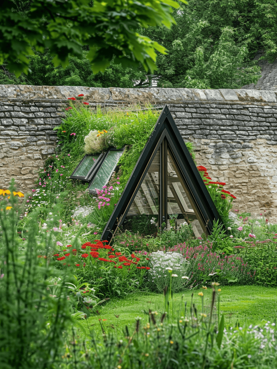 an image shows an A-frame garden structure with a green roof, set amidst flowering plants and a stone wall backdrop