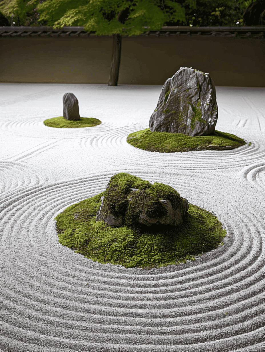 Precisely raked sand in a Zen garden creates harmonious concentric circles around islands of moss-covered rocks, evoking a profound sense of calm and meditation ar 3:4