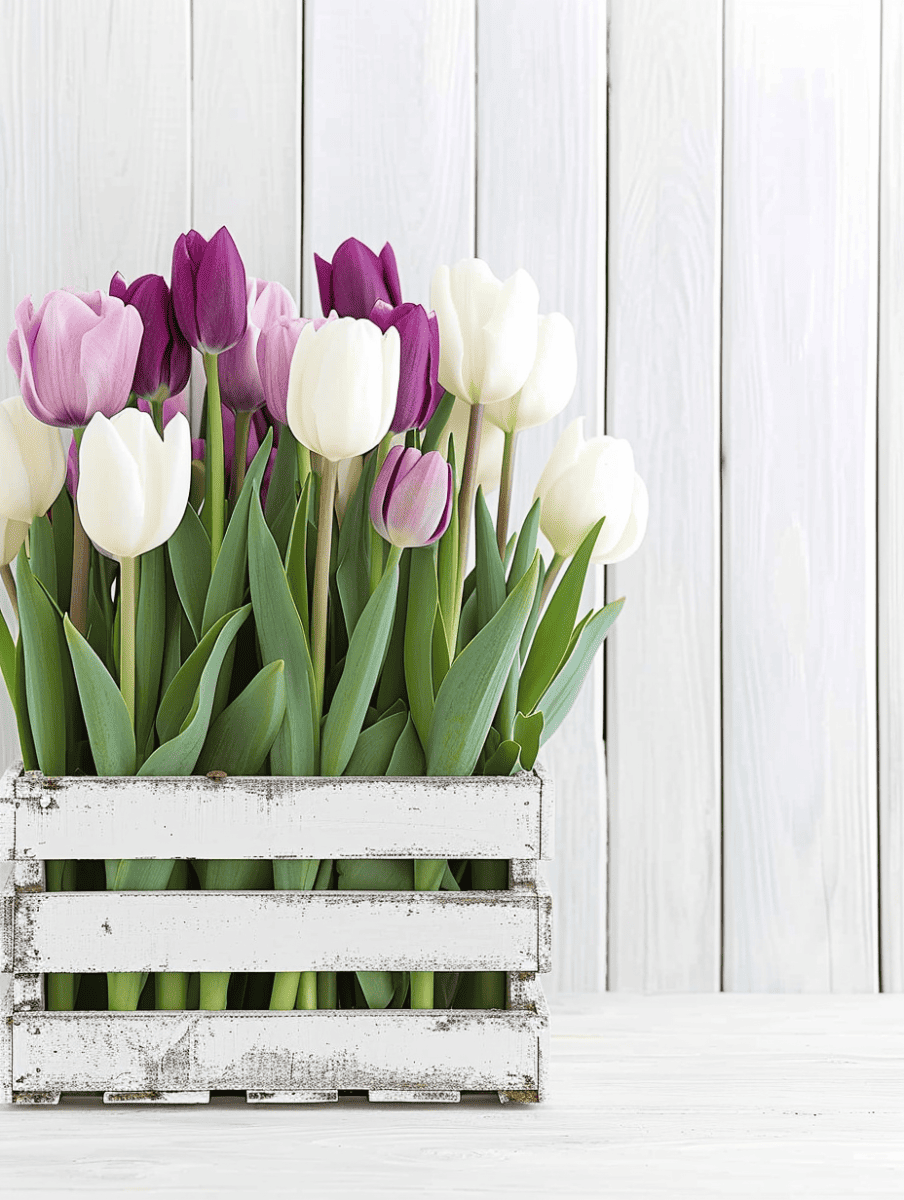 Purple and white tulips in a wooden crate ar 3:4
