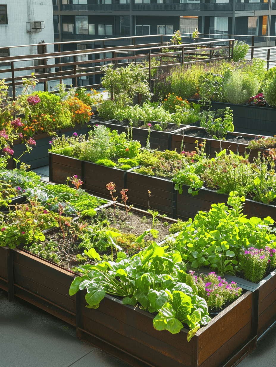 a rooftop garden filled with an array of raised planters, utilizing the available space to cultivate a diverse mix of plants
