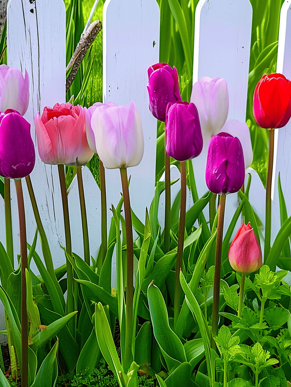 Red and pink tulips, with a touch of white, bloom vibrantly against the backdrop of a classic white picket fence, symbolizing the quintessential spring garden scene ar 3:4
