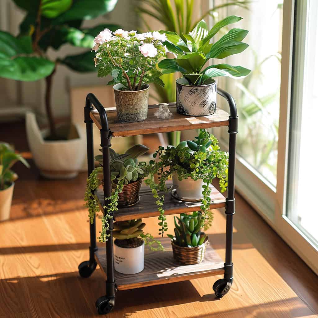 A small rolling cart with plants planted on matching vases placed near the window
