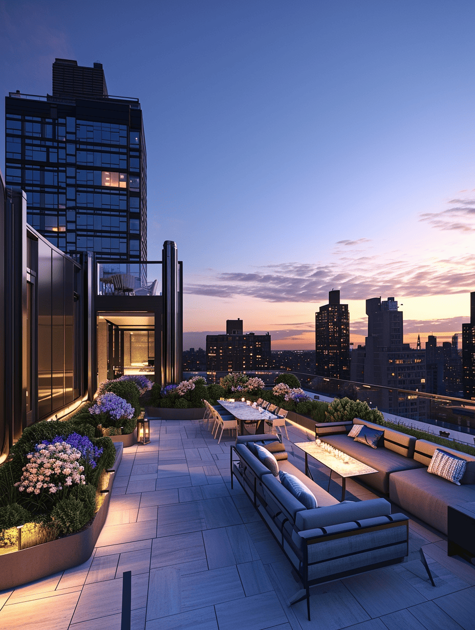 The image shows an upscale rooftop terrace with lounge seating and dining area, overlooking a cityscape at dusk