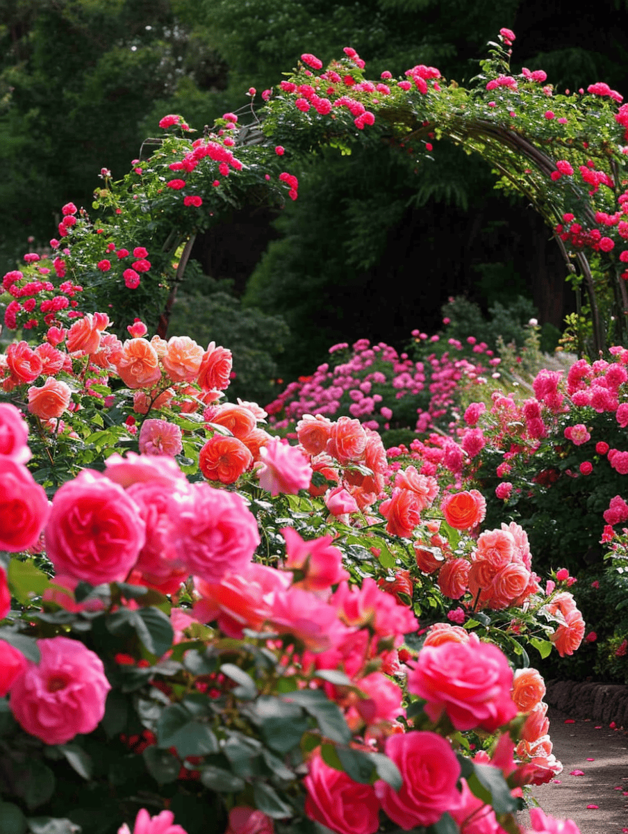 Rose garden bursts with varying shades of pink, from pale to deep, with roses adorning an arch and accentuating the lushness of the surrounding greenery ar 3:4