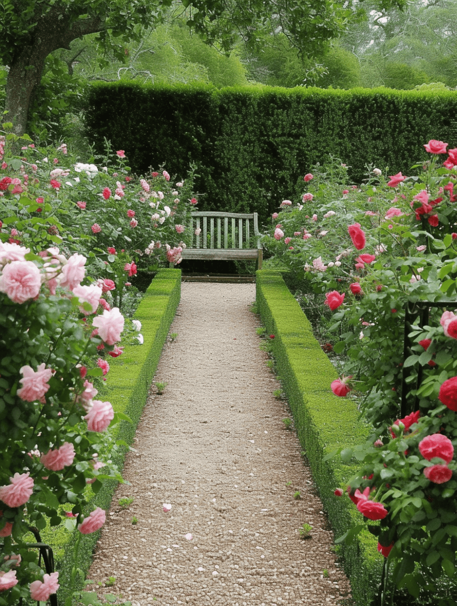 Rose garden path with a pea gravel walkway, flanked by blooming pink and red roses and boxwood hedges. --ar 3:4