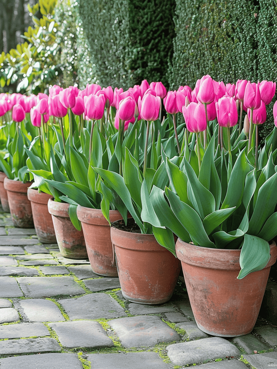 Rows of bright pink tulips in terracotta pots line a moss-covered stone path, creating a vibrant display of springtime flora ar 3:4