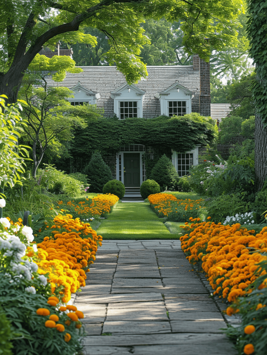 Rows of lush marigold flowers line a stone driveway, leading to an elegant house ensconced in greenery and dappled sunlight ar 3:4