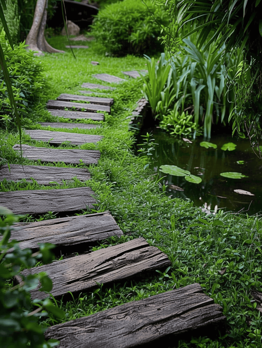 Rustic garden path with weathered wooden sleepers nestled in lush grass, beside a tranquil pond. --ar 3:4