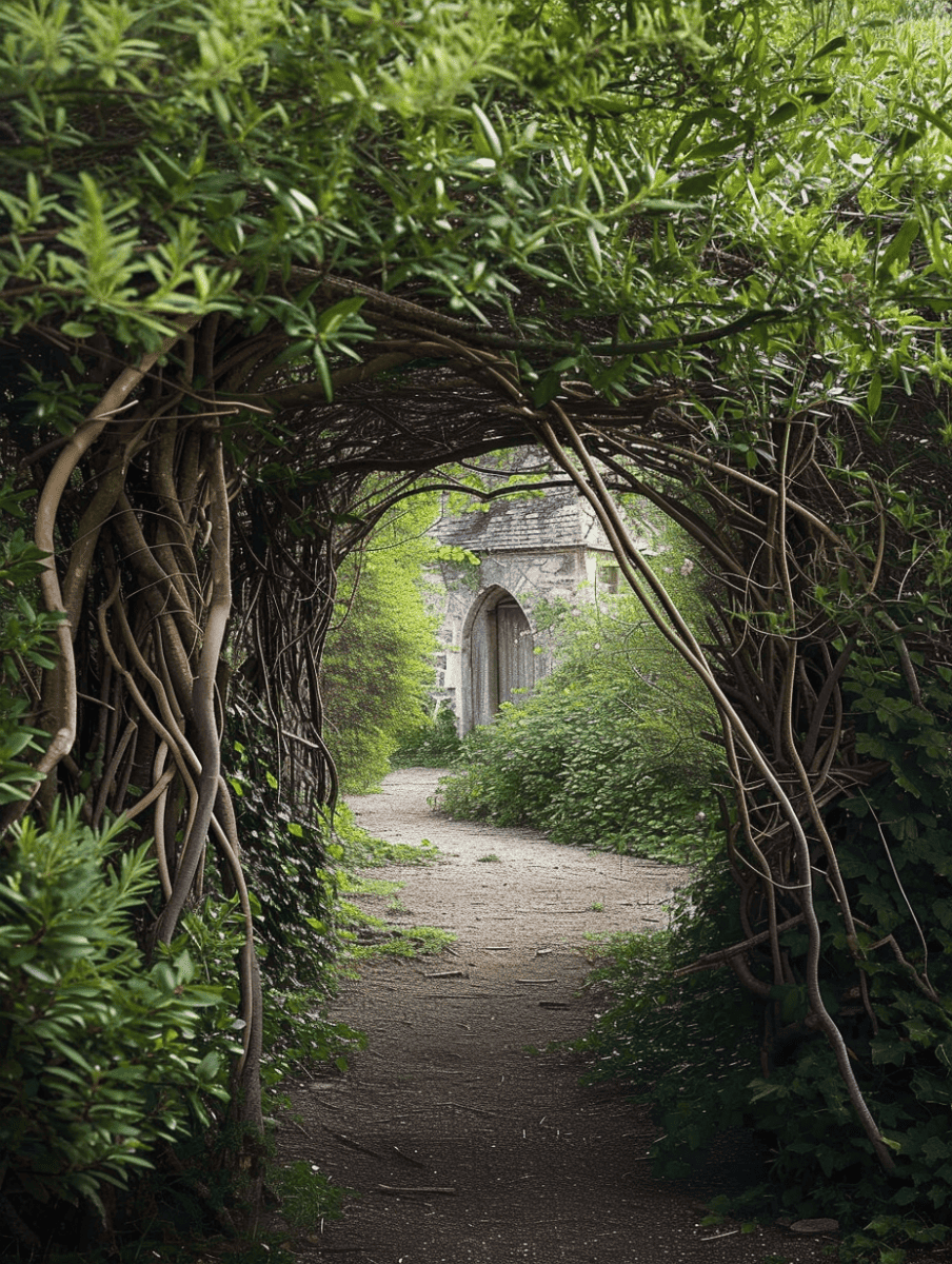 Secret garden path leading to an old stone building, framed by an archway of intertwined branches. --ar 3:4