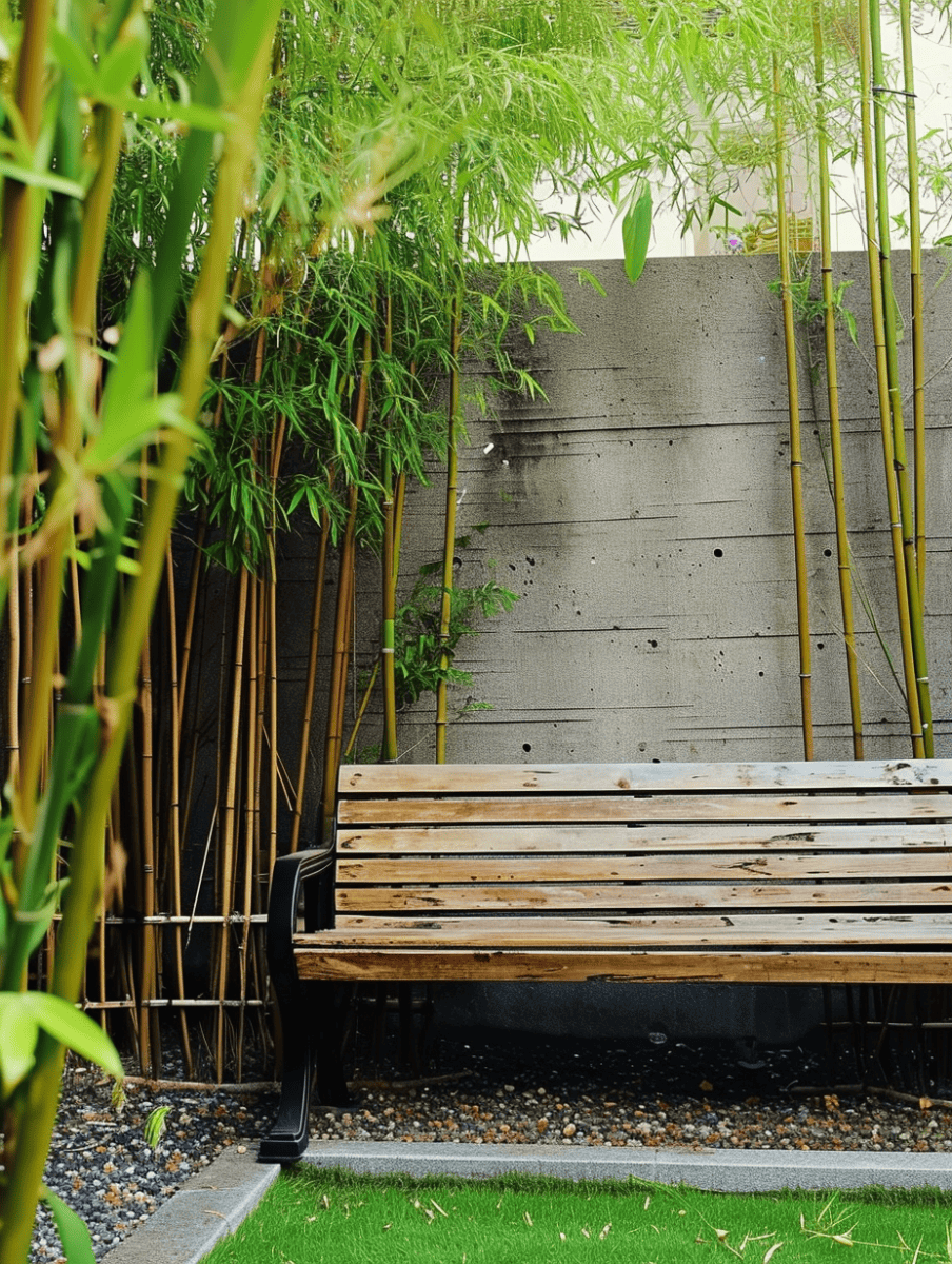 Slender bamboo stalks frame a peaceful nook featuring a wooden bench, offering a place for quiet reflection against the backdrop of a simple concrete wall and lush green grass underfoot ar 3:4