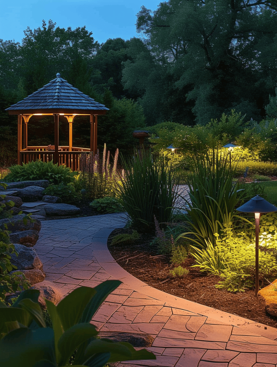 Soft landscape lighting along a sandstone deck path leading to a charming wooden gazebo. Lush greenery and evening tranquility. --ar 3:4