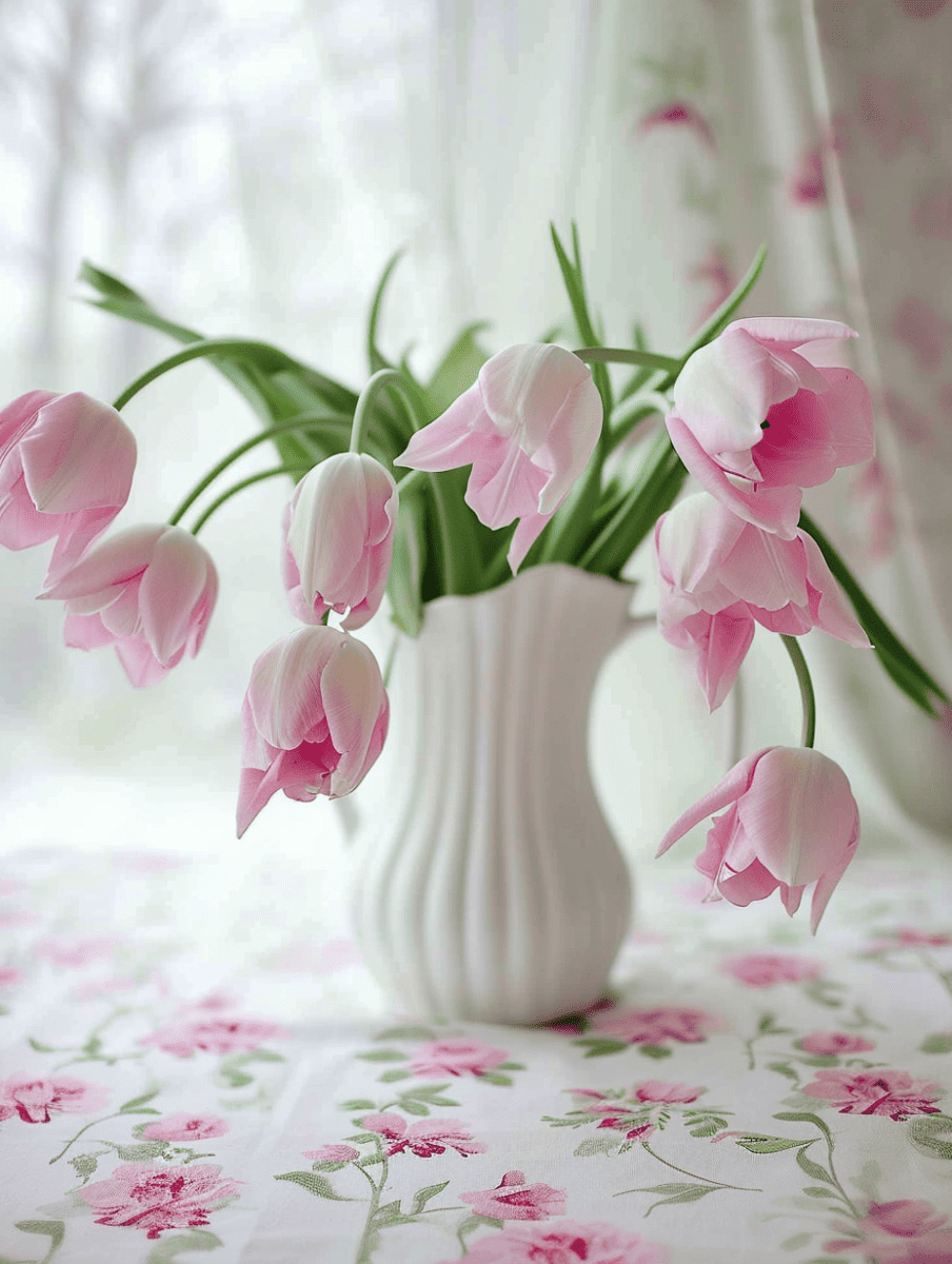 Soft pink tulips droop elegantly from a white ridged vase, set upon a tablecloth with floral patterns, near a window with sheer curtains ar 3:4
