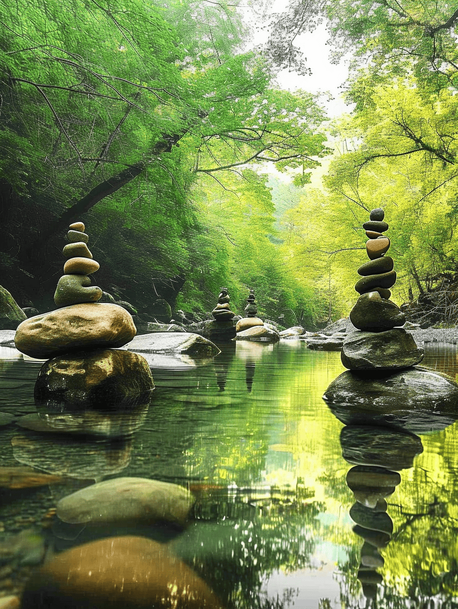 Stacks of smooth, rounded stones balance above a still river, reflected perfectly in the water and framed by the vibrant green canopy of a lush, tranquil forest ar 3:4
