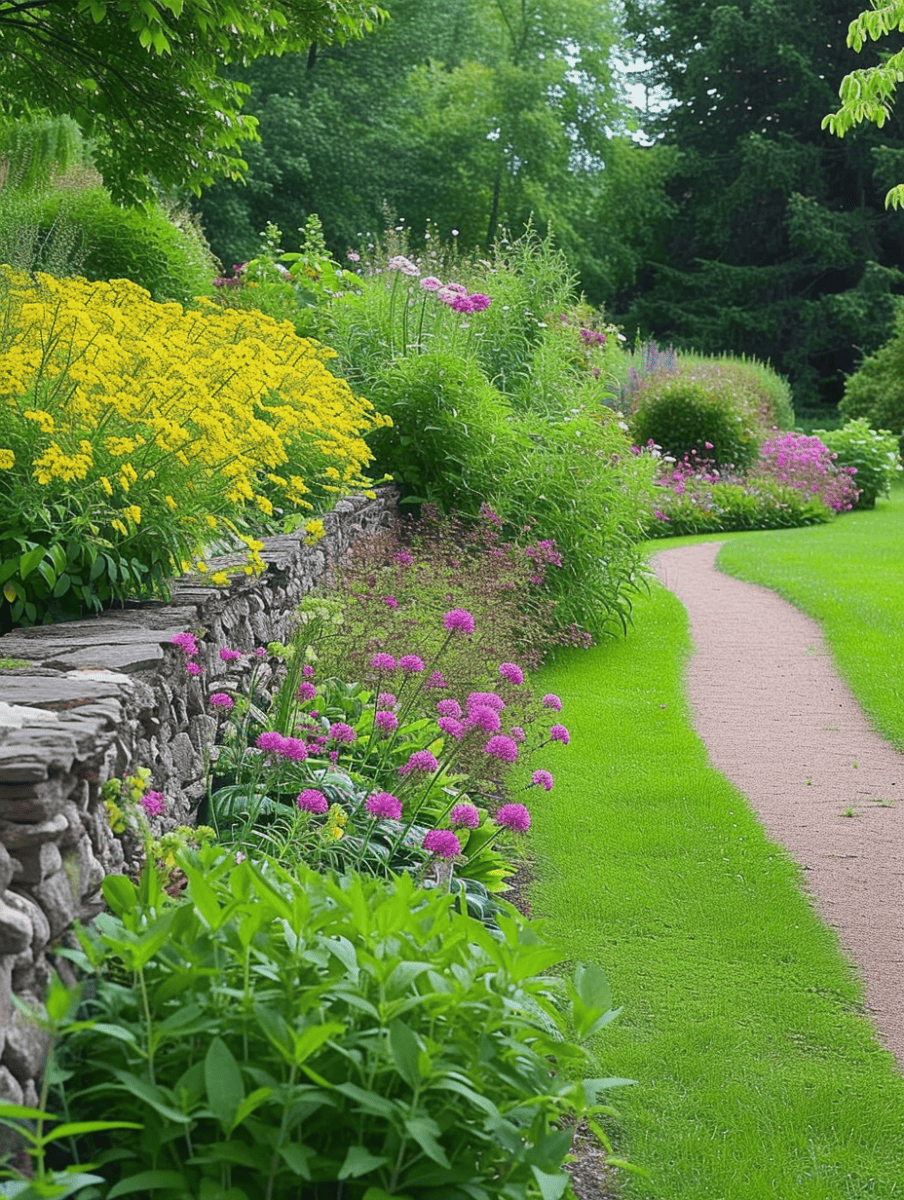 Formal garden path with a well-manicured lawn border, leading past a stone wall lined with bright yellow Loosestrife and pink Bee Balm. --ar 3:4