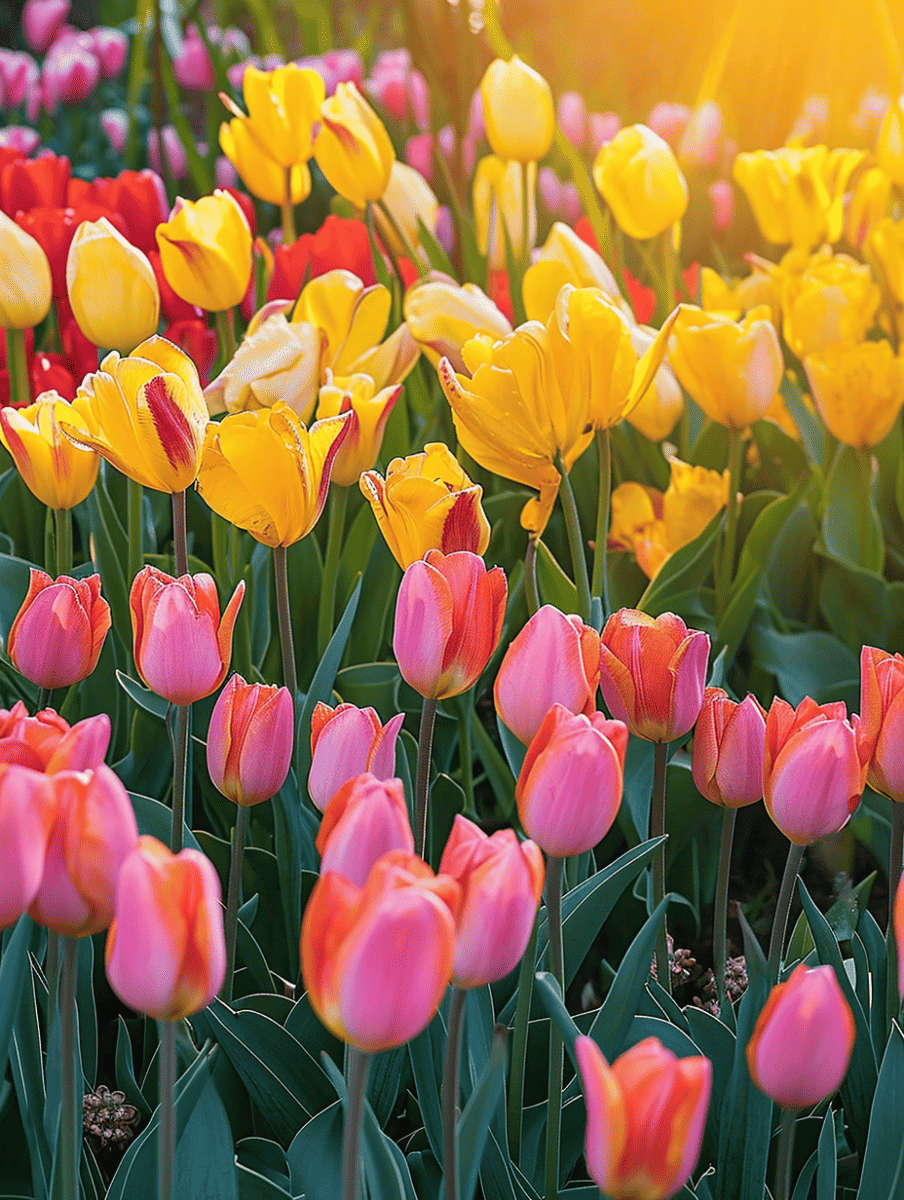 Sun-kissed tulips with textured petals in a mix of vibrant yellows, oranges, and pinks stand tall, heralding the vibrant energy of a spring morning ar 3:4