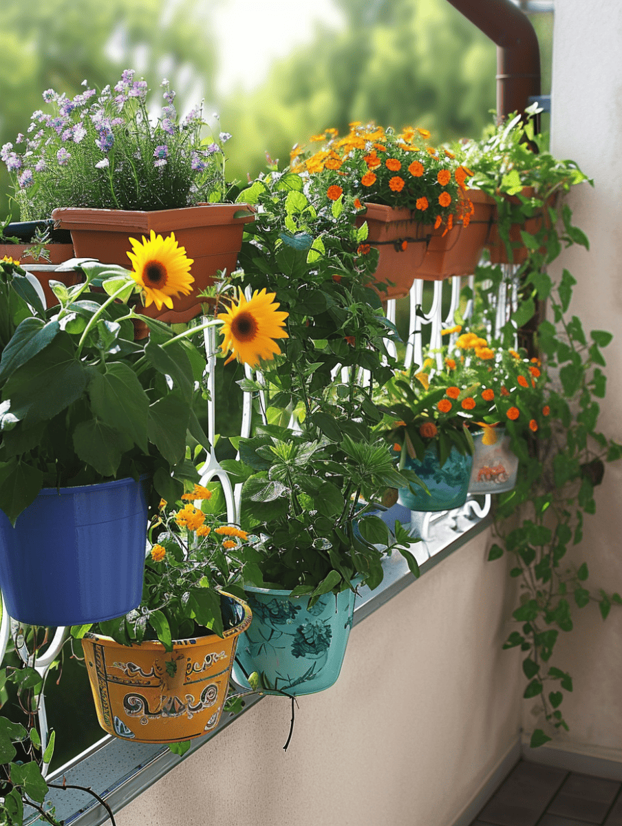 Sunlight bathes a cheerful balcony garden where colorful pots in hues of yellow, blue, and terracotta are brimming with a variety of plants, including vibrant sunflowers, lush greenery, and clusters of orange and purple blooms, creating a lively and inviting outdoor space ar 3:4