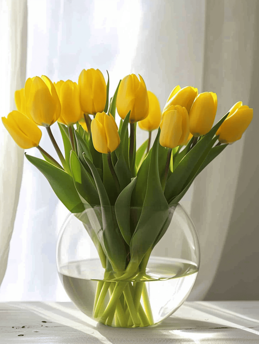 Sunny yellow tulips stand in a spherical glass vase, with sunlight filtering through sheer curtains behind them ar 3:4