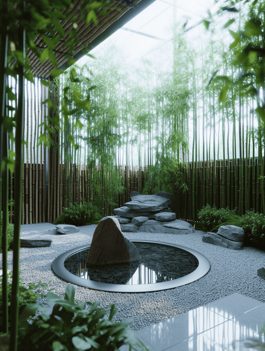 Surrounded by a dense array of bamboo, a serene rock garden features a central circular pond reflecting a conical rock, with flat stones and pebbles artfully arranged to create a tranquil and contemplative space ar 3:4