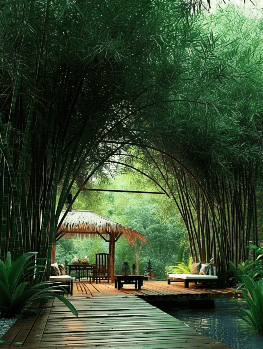 Tall bamboo canes arc gracefully over a wooden deck leading to a private abode with a thatched roof, adjacent to a tranquil reflecting pool, creating an intimate and lush tropical sanctuary ar 3:4
